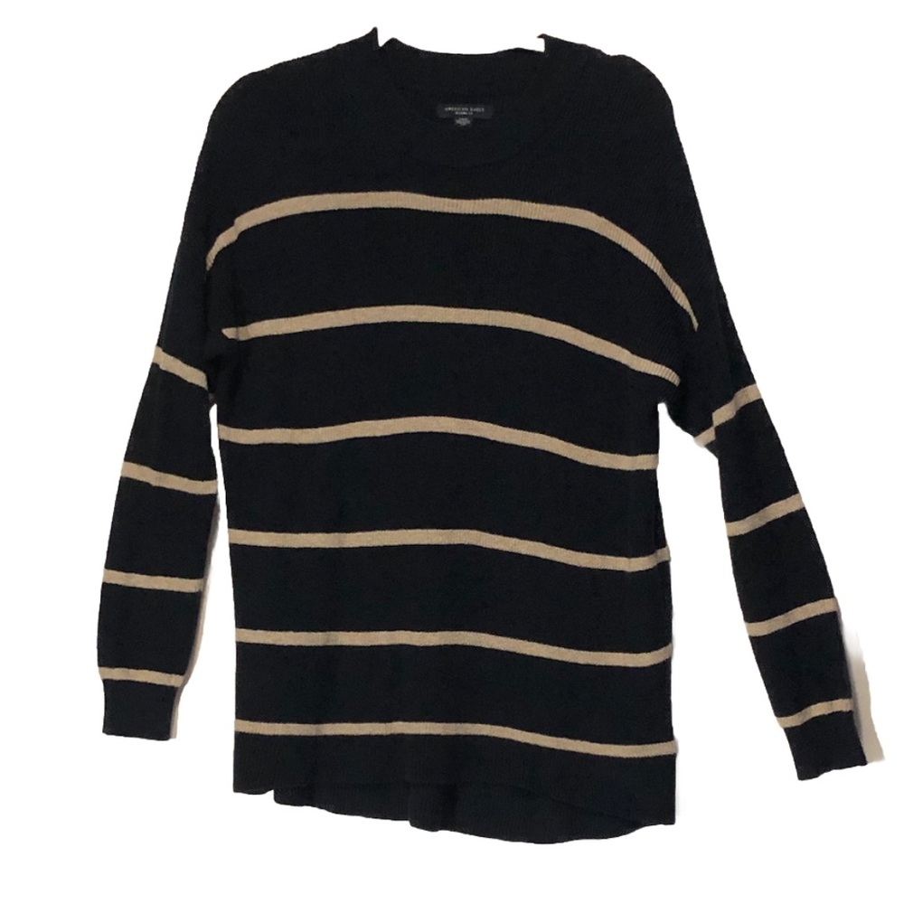 American Eagle Jegging Fit Long Sleeve Striped Sweater Navy & Tan S Ribbed Woven